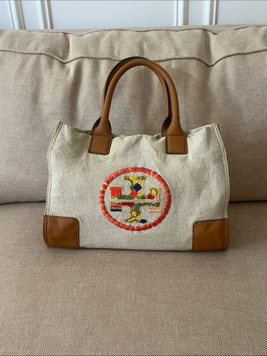 Tory Burch Handbags - Tory Burch Canvas Tote with Multicolor Embroidered Medallion & Tan Trim
